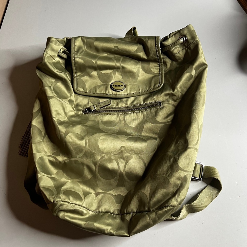 Coach Signature C Nylon Backpack Olive Green Drawstring Flap Bag F20781